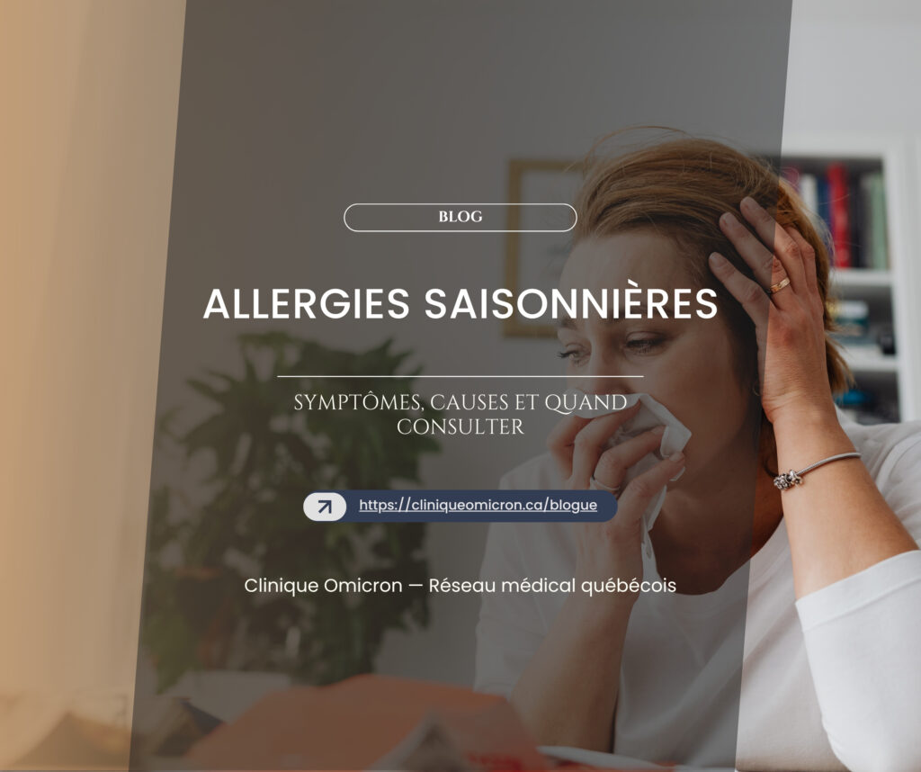 Femme tenant sa t&ecirc;te en se plaignant de sympt&ocirc;mes d'allergies saisonni&egrave;res au Qu&eacute;bec, illustrant la n&eacute;cessit&eacute; de consulter un professionnel de sant&eacute;.