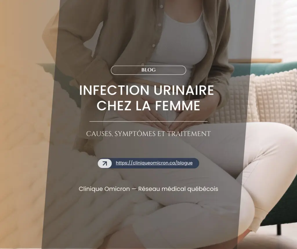 Femme tenant son ventre, illustrant les sympt&ocirc;mes d'une infection urinaire, Clinique Omicron au Qu&eacute;bec.