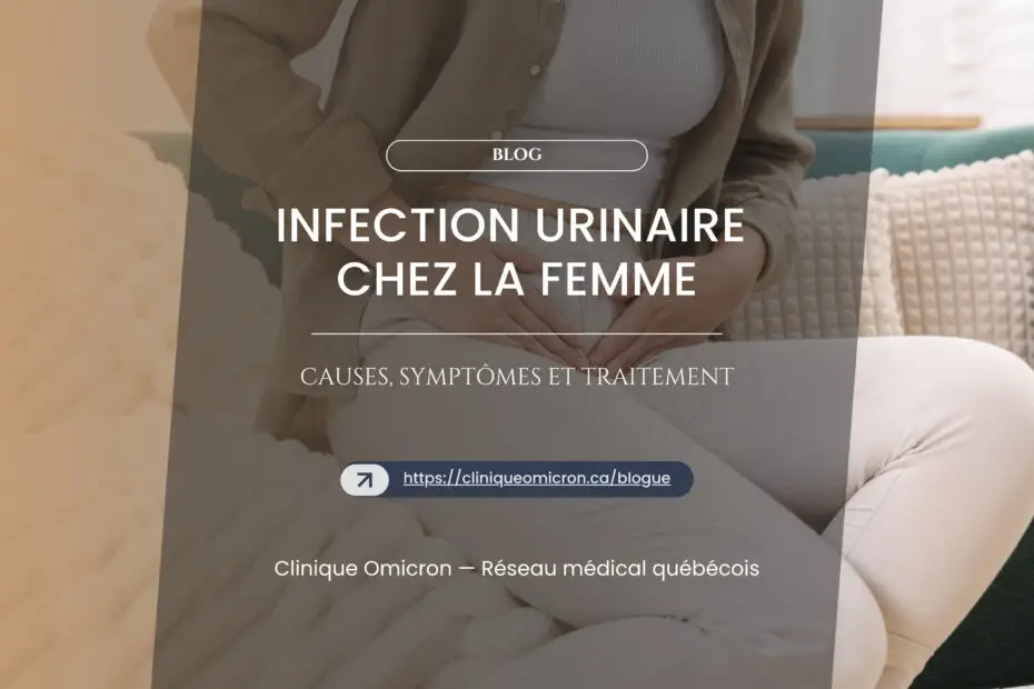 Femme tenant son ventre, illustrant les symptômes d'une infection urinaire, Clinique Omicron au Québec.
