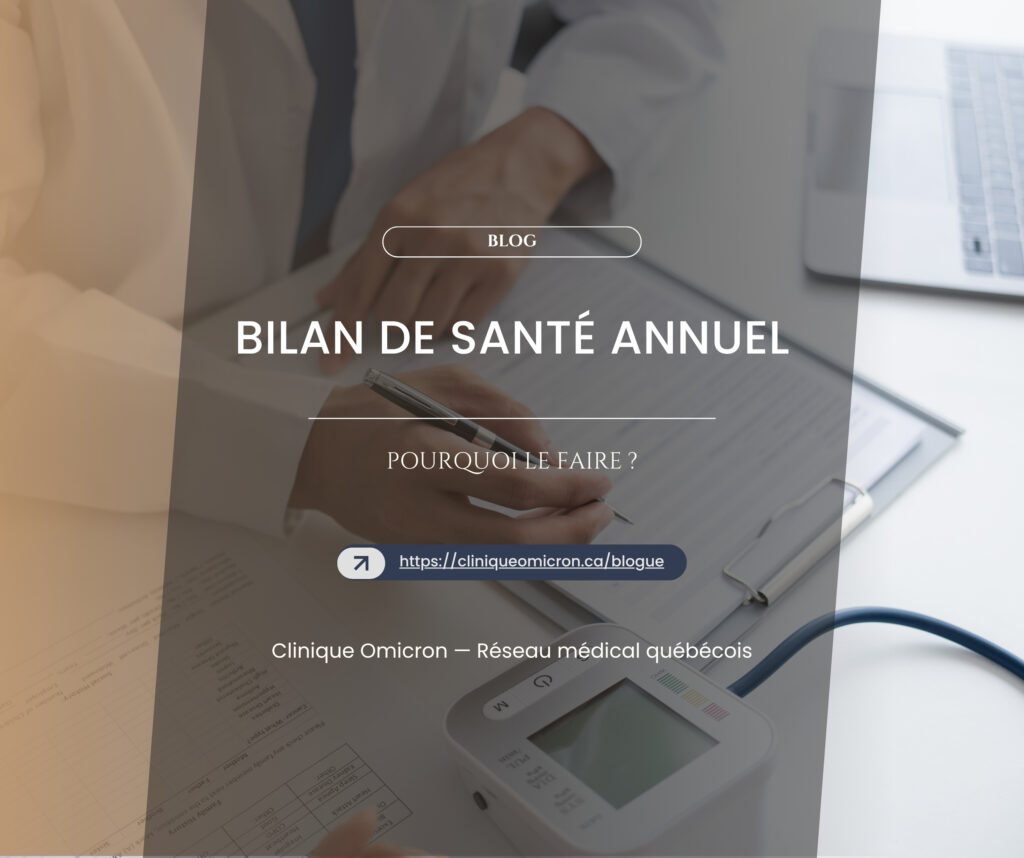 M&eacute;decin consultant des documents de sant&eacute; et utilisant un tensiom&egrave;tre au Qu&eacute;bec pour un bilan de sant&eacute; annuel.
