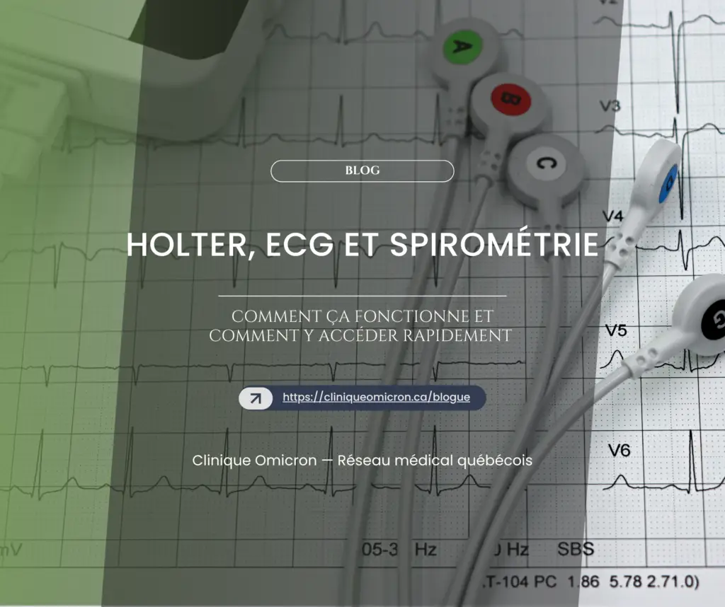 &Eacute;lectrodes de Holter et trac&eacute; ECG sur fond de graphique, illustrant les tests cardiaques &agrave; la Clinique Omicron au Qu&eacute;bec.