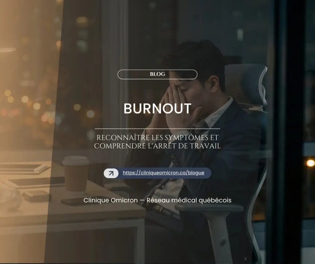 Homme stress&eacute; dans un bureau, illustrant les sympt&ocirc;mes de burnout et l'importance de la consultation m&eacute;dicale au Qu&eacute;bec.