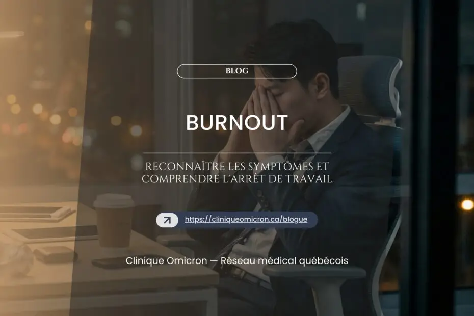 Stressed man in an office, illustrating burnout symptoms and the importance of medical consultation in Quebec.