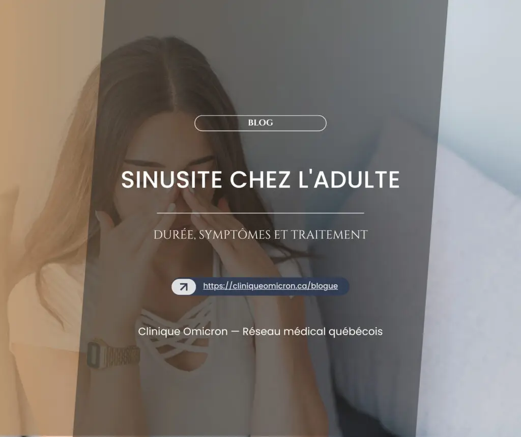 Femme touchant son visage, illustrant les sympt&ocirc;mes de la sinusite chez l'adulte, Clinique Omicron, soins de sant&eacute; au Qu&eacute;bec.