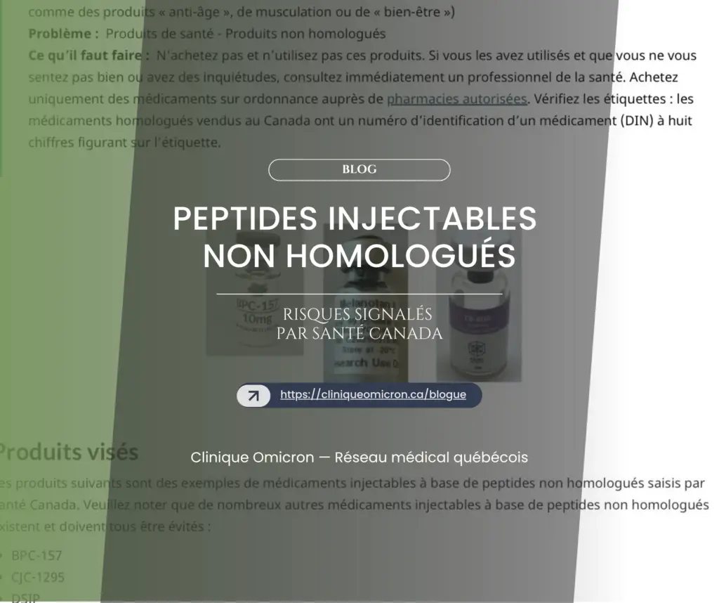 Peptides injectables non homologués : les dangers signalés par Santé Canada - Clinique Omicron