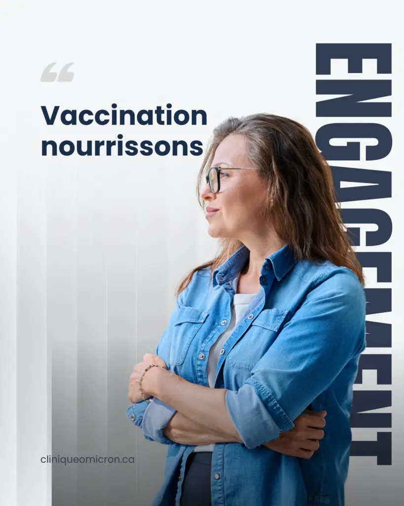 Profile of a woman in a blue denim shirt looking to the right, with bold 'Vaccination nourrissons' text on the left and a vertical blue logo on the right.
