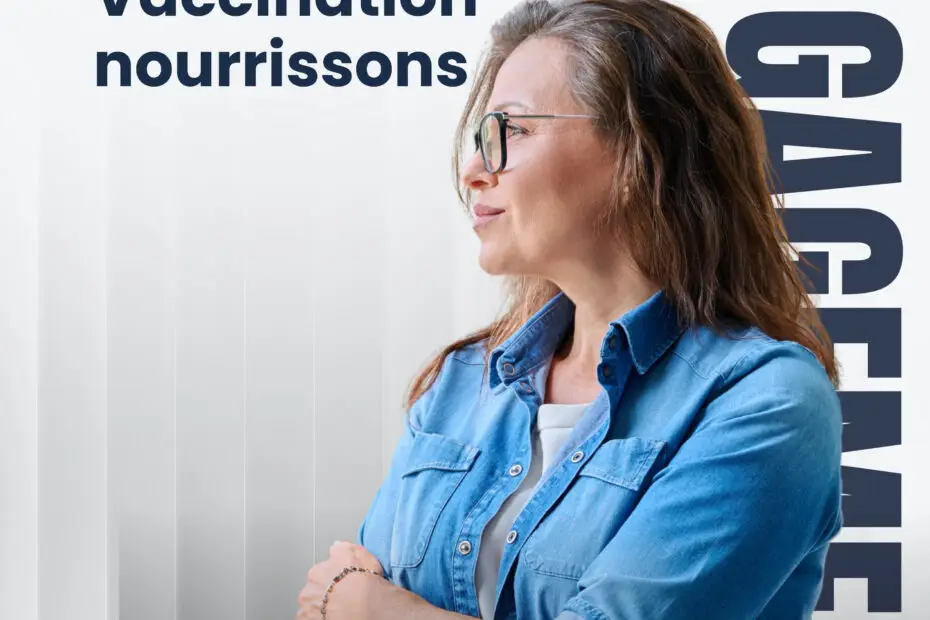 Profile of a woman in a blue denim shirt looking to the right, with bold 'Vaccination nourrissons' text on the left and a vertical blue logo on the right.