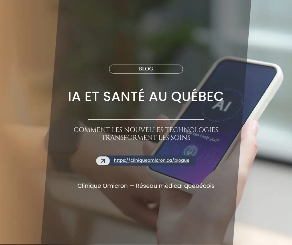 Main dans la main tenant un smartphone affichant une interface d'intelligence artificielle, illustrant l'impact des nouvelles technologies sur les soins de sant&eacute; au Qu&eacute;bec.