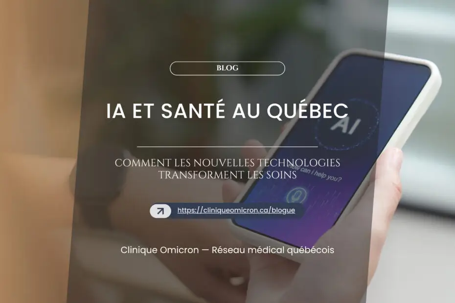 Personne tenant un smartphone affichant une interface d'intelligence artificielle, illustrant les technologies de santé au Québec.