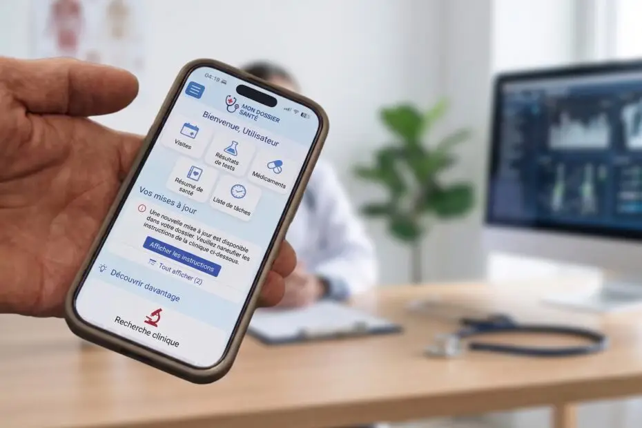 Close-up of a hand holding a smartphone displaying the French health app 'Mon Dossier Santé' with icons for Visits, Test Results, and Medications