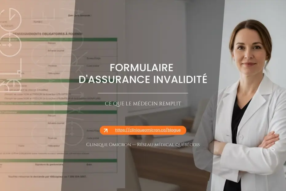 Médecin en clinique devant un formulaire administratif — assurance invalidité
