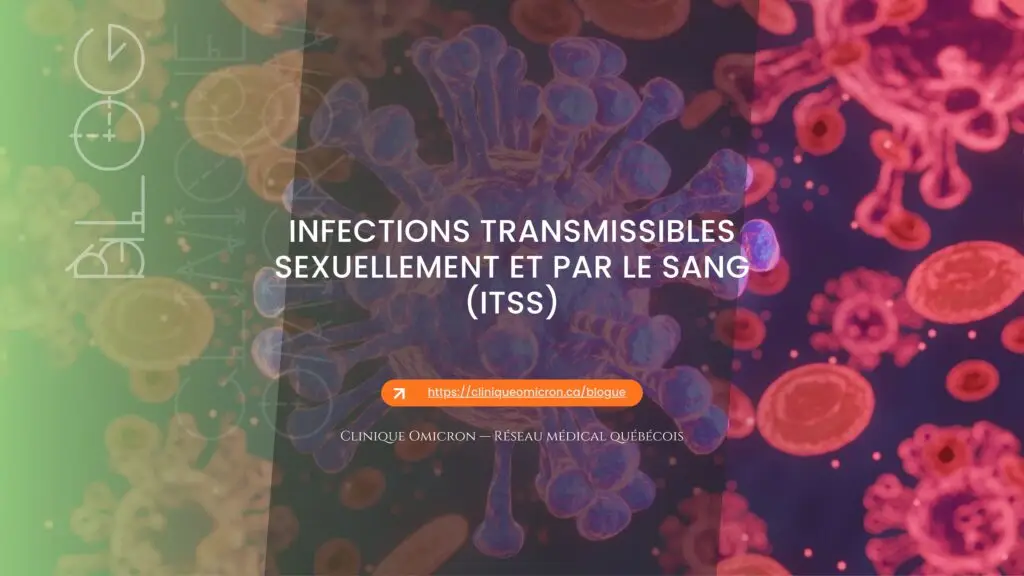Banni&egrave;re du blogue Clinique Omicron : infections transmissibles sexuellement et par le sang (ITSS), illustration de virus et de cellules sanguines