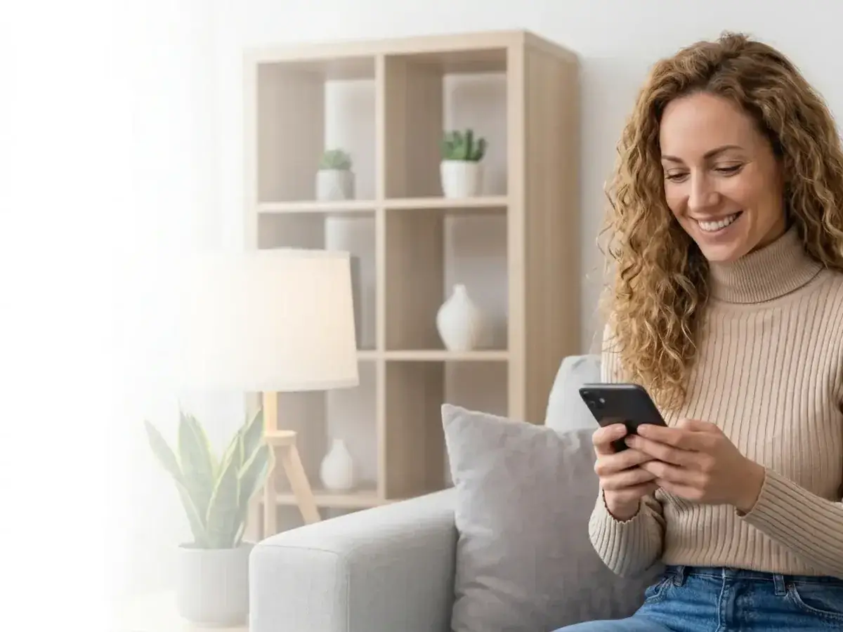 Femme souriante sur son canap&eacute; qui re&ccedil;oit sur son t&eacute;l&eacute;phone la confirmation de son rendez-vous de t&eacute;l&eacute;consultation avec Clinique Omicron.